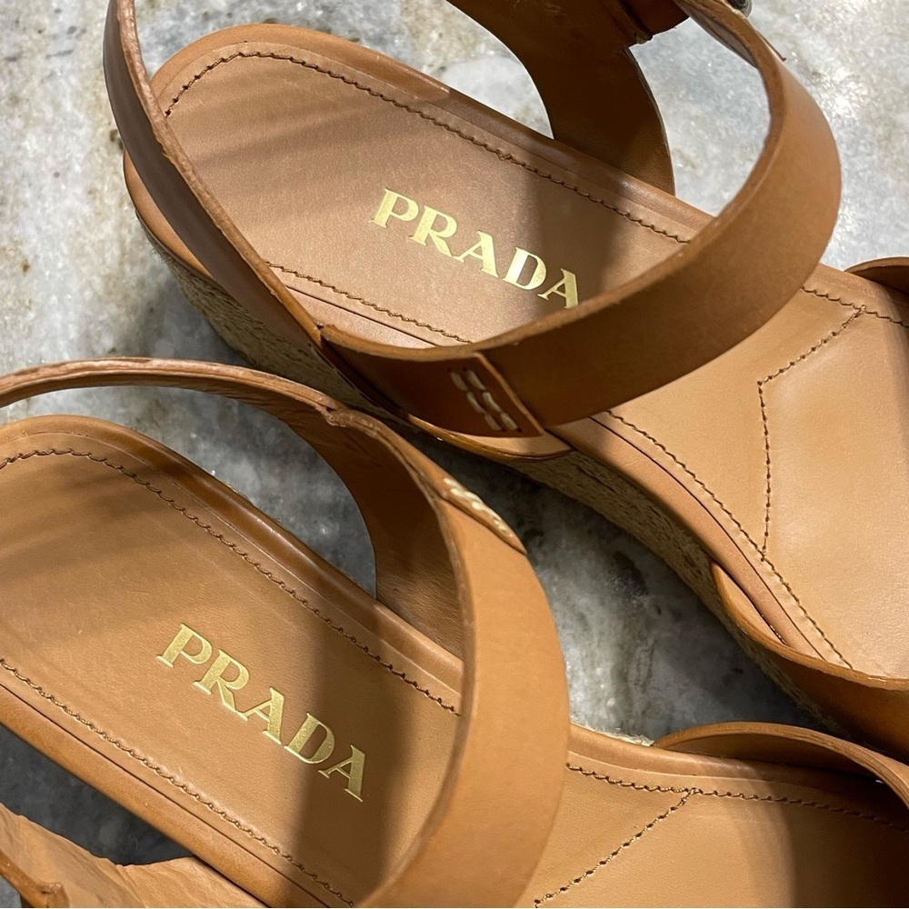 PRADA Espadrilles Sandals Size 40 Brown Tan Leather - Picture 7 of 14